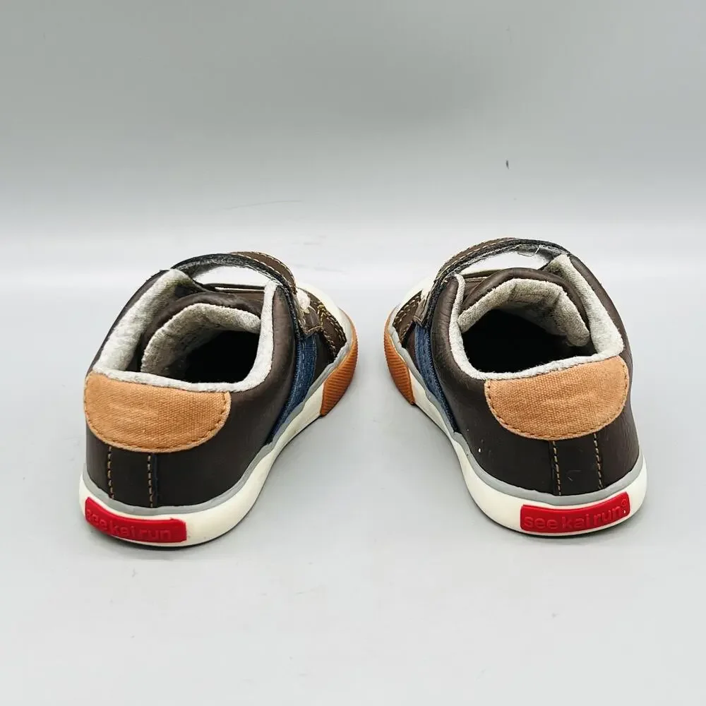 See Kai Run Shoes Boys 7 Brown Leather Car Design Hook Loop Strap Sneakers